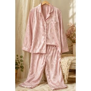 Pink Satin Floral Jacquard Pajama Set 3X Plus Size Lounge Sleepwear Soft Girl